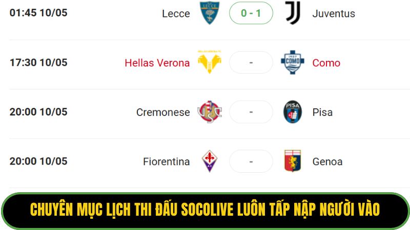 Chuyên mục lịch thi đấu Socolive luôn tấp nập người vào